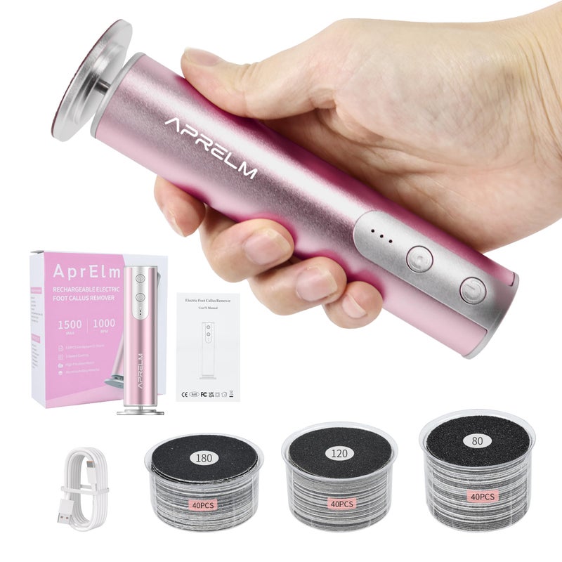 AprElm Rechargeable Electric Foot Callus Remover with 3Sizes 120Pcs Sandpaper Discs Professional 900RPM 3Speed Control Aluminum Electric Foot File E3 Rose Pink